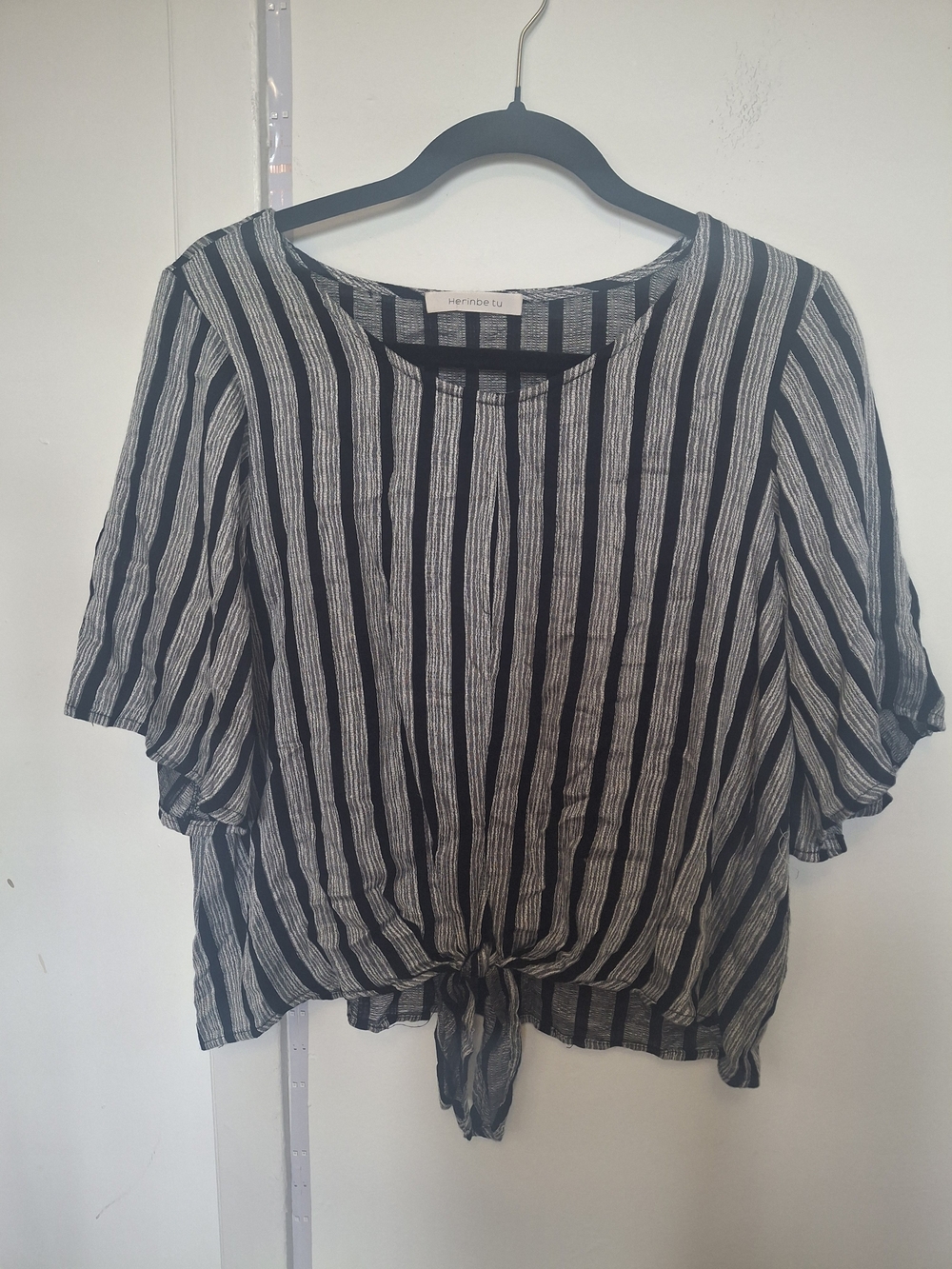 Lightweight Striped Tie-Front Blouse in Black and White